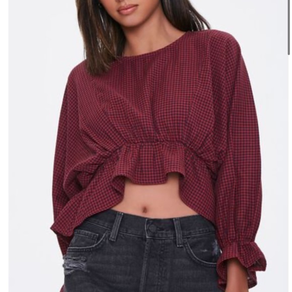Forever 21 Navy/Red Gingham Flounce Shirt - Picture 2 of 7
